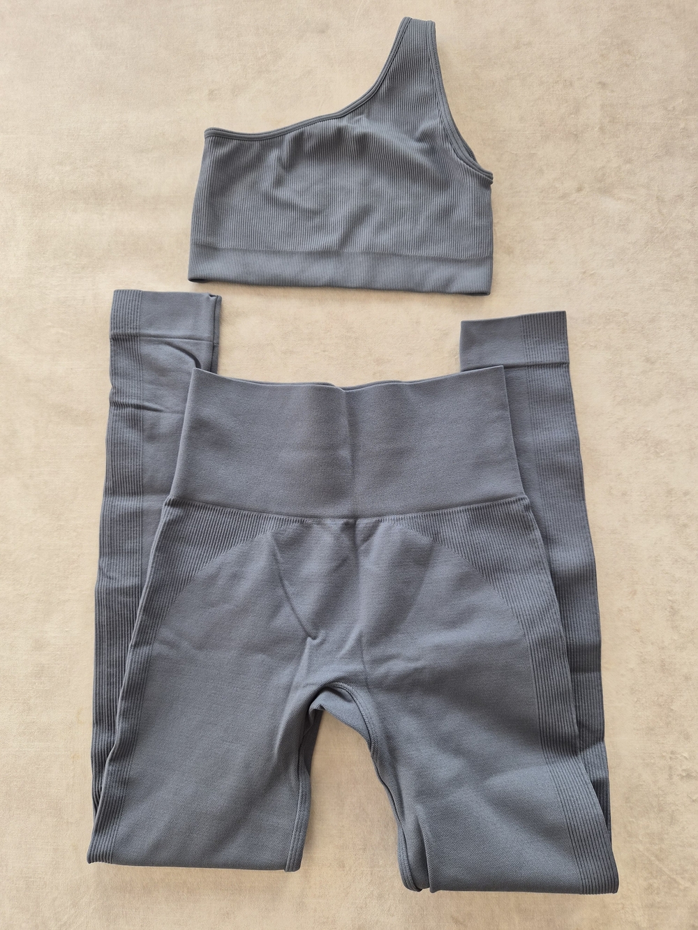 Ribbed One-Shoulder Sports Bra & High-Waisted Leggings Set - Slate Grey - XS